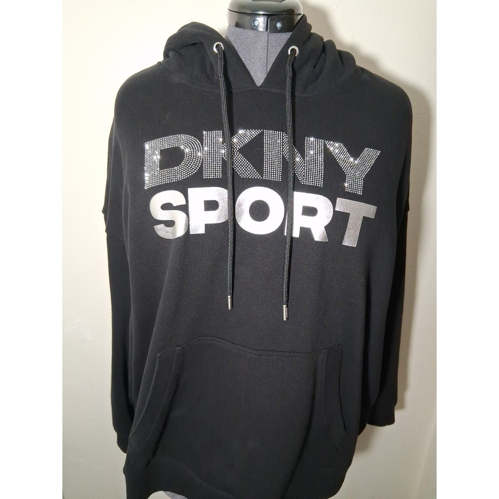 DKNY SPORT Women's Black Pullover Hoodie 2X Plus Rhinestone Logo Pocket Bling